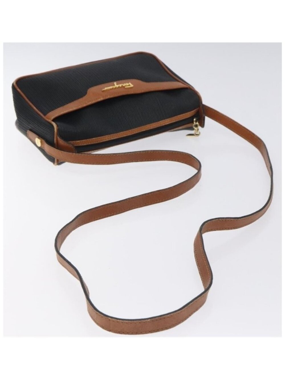 Authentic Salvatore Ferragamo Shoulder Bag Leather PVC Black Gold - Picture 12 of 16
